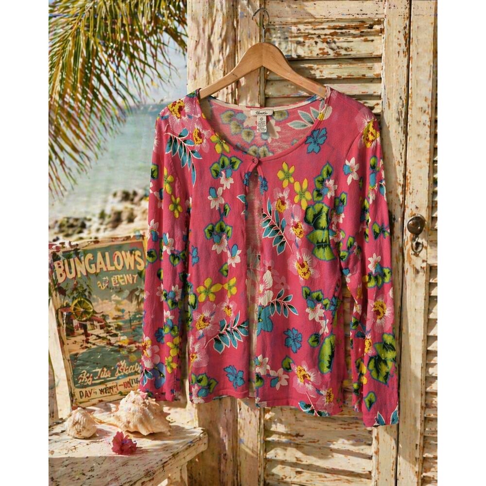 Vintage Mirette Pink Tropical Floral Cardigan Lightweight Sweater Resort Bold